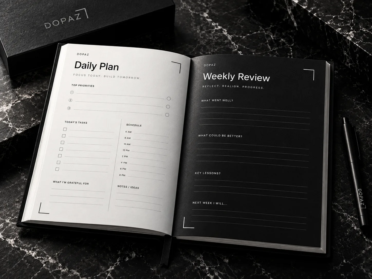 Open Dopaz Journal showing daily plan and weekly review pages