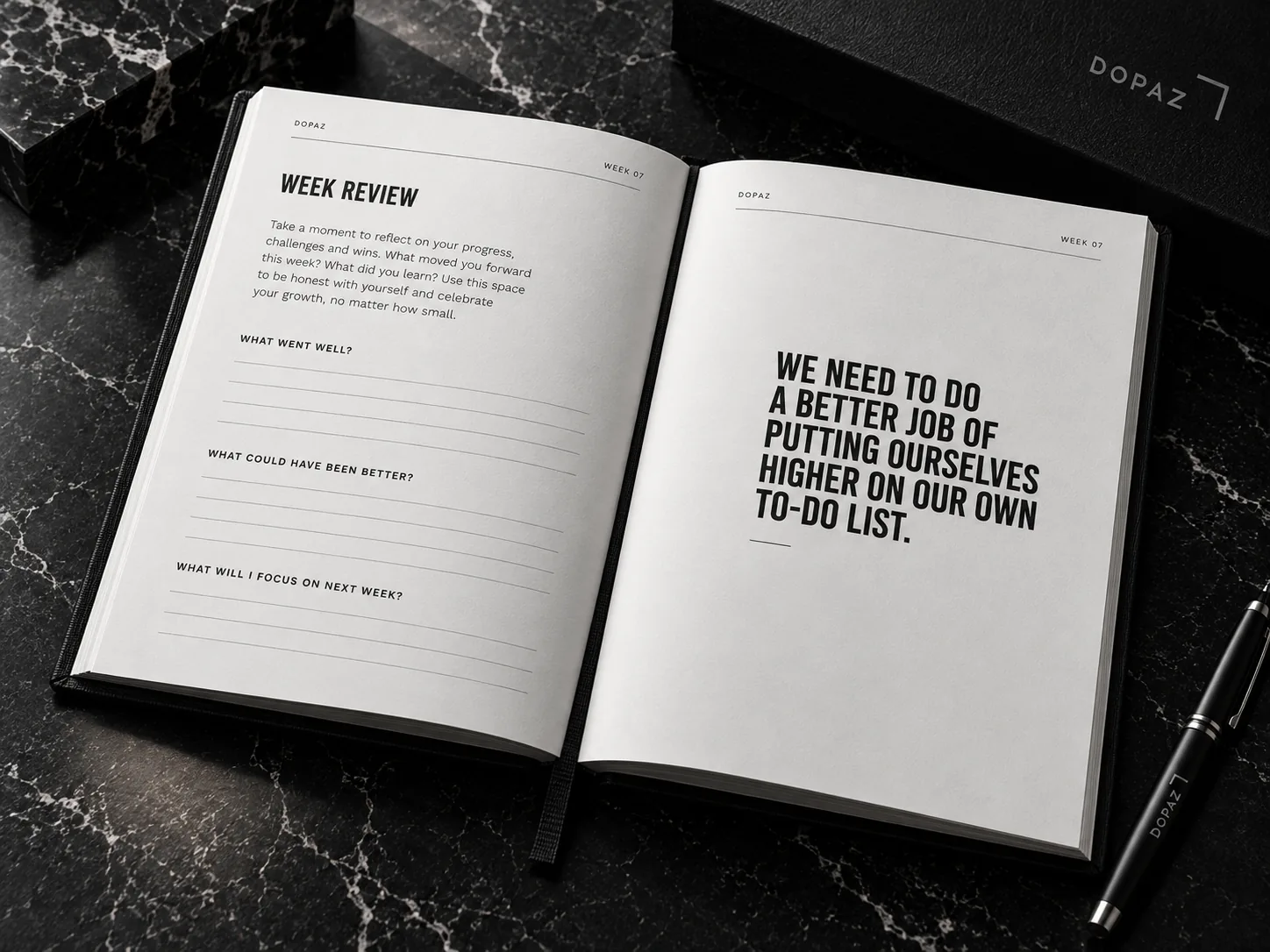 Dopaz Journal quote, daily planning and reflection spread